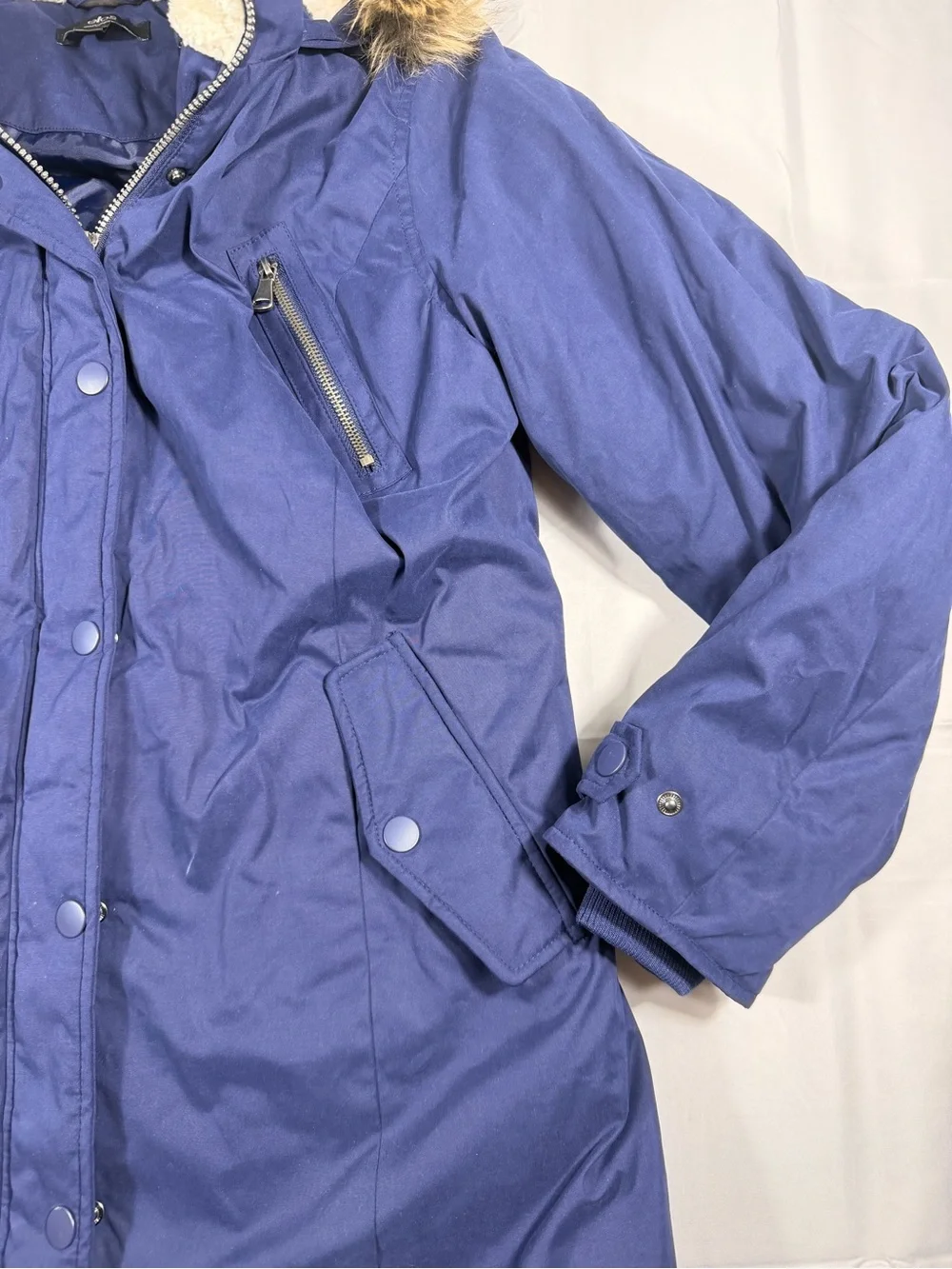 Ellos Women's Navy Parka Coat with Faux Fur Trim